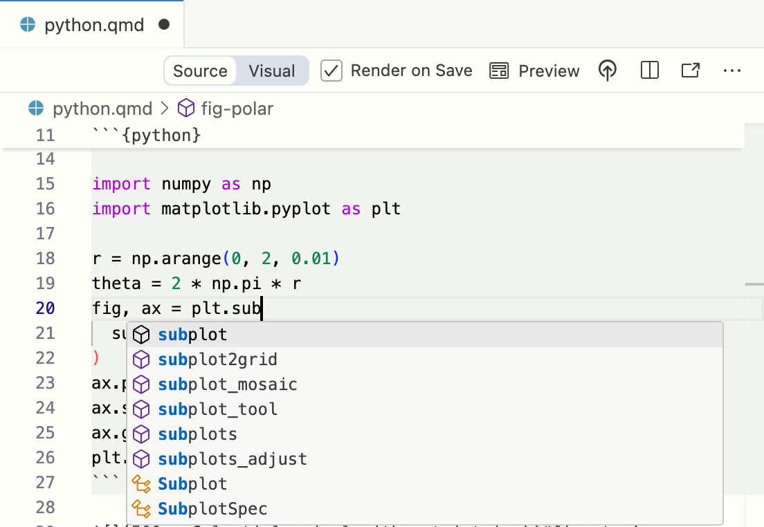 A Quarto document in Positron with a python code cell. There is a code completion helper active in the python cell.