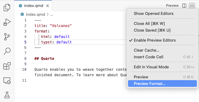 The top of the VS Code editor. The editor title menu is expanded and the Preview Format command is available on the menu.